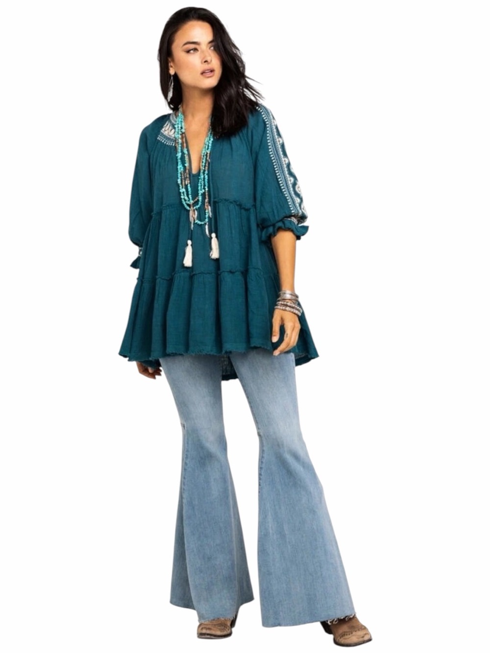 Free People Dreamweaver Teal Embroidered Tiered Tunic Dress Small S